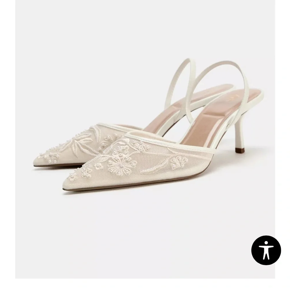 Zara Ivory Lace Pointed Toe Heels